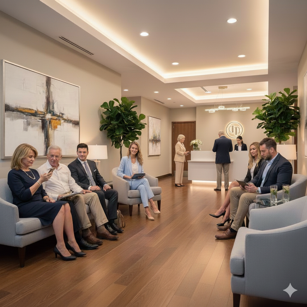 Sala de așteptare modernă a clinicii medicale cu pacienți