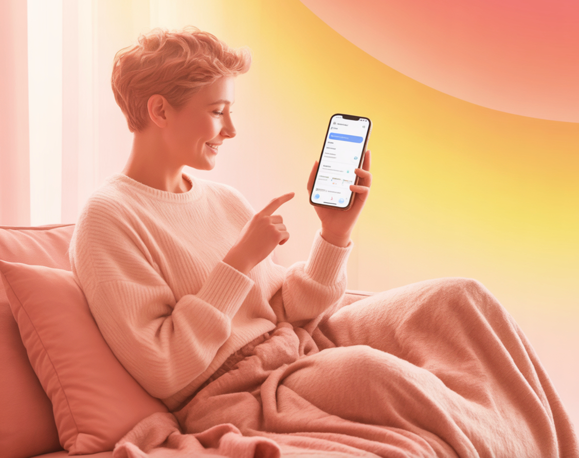 Pacienta completand datele medicale pe telefon, confortabil de acasa